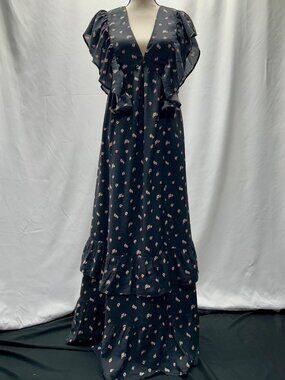 Floral Print Black Maxi Dress With Ruffle Sleeves & Open Back By Forever 21 - Si
